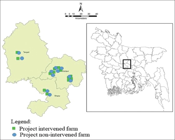 Identification and characterization of Salmonella spp. from samples of broiler farms in selected districts of Bangladesh.